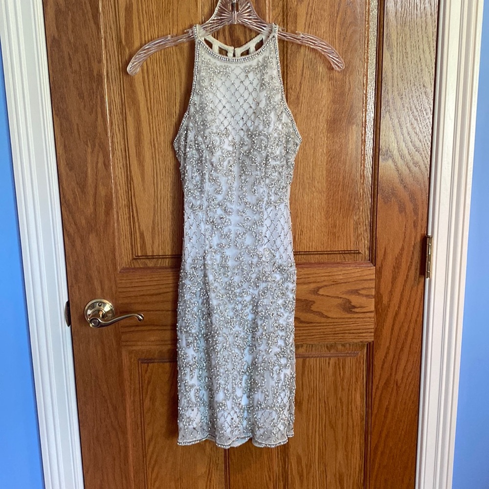 Sherri Hill White/Silver Detailed Beading Short Homecoming Dress